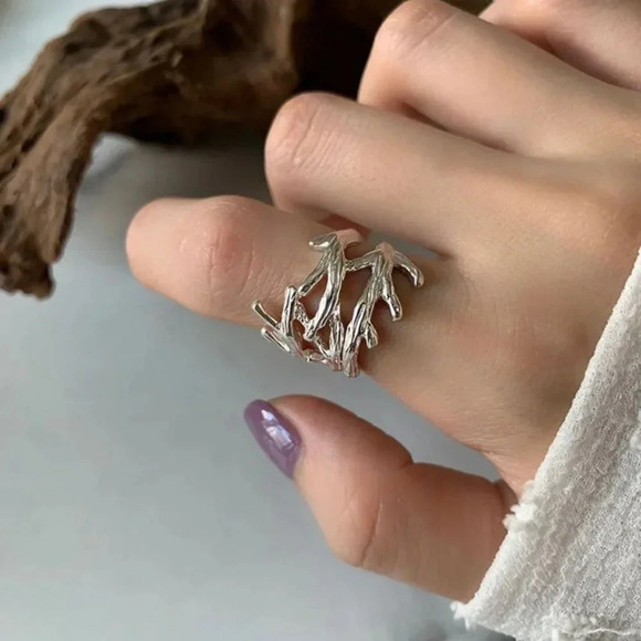 Minimalist 925 Sterling Silver Textured Wrap Ring Geometric Twist Branch Ring - Picture 4 of 7